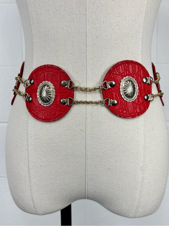 Vintage Accessories - Vintage Western Disc Belt Silver Concho Red Embossed Faux Leather Gold Chain S/M